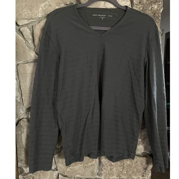 John Varvatos USA Mens Grey Textured Stripe V-Neck Long Sleeve Shirt Size M - Picture 2 of 7